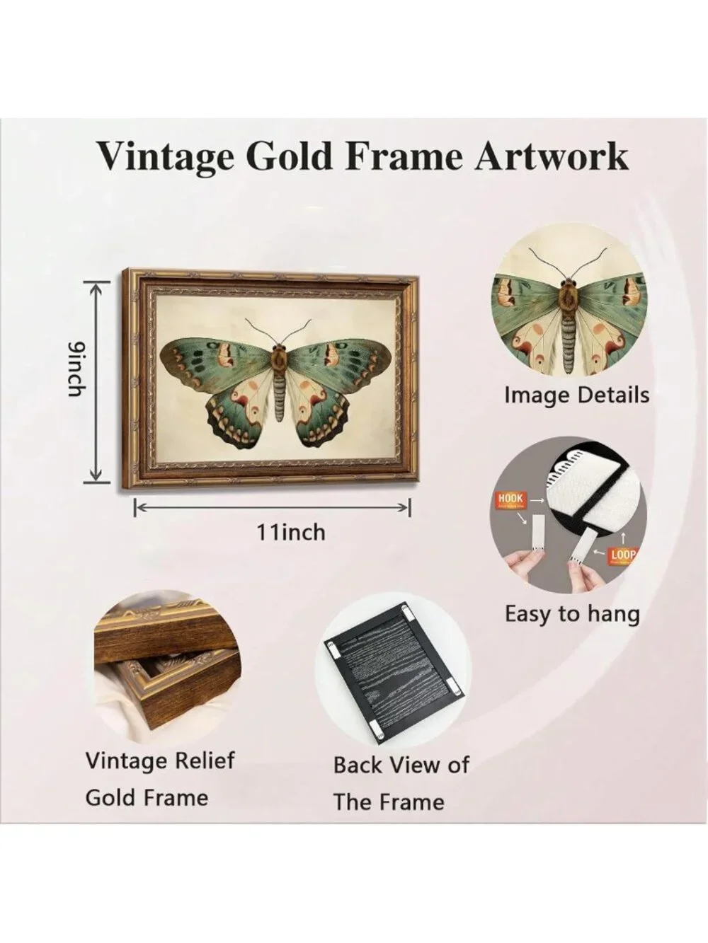 Vintage Gold Framed Butterfly Canvas Wall Art | Retro Insect Decor 9x11 Inch